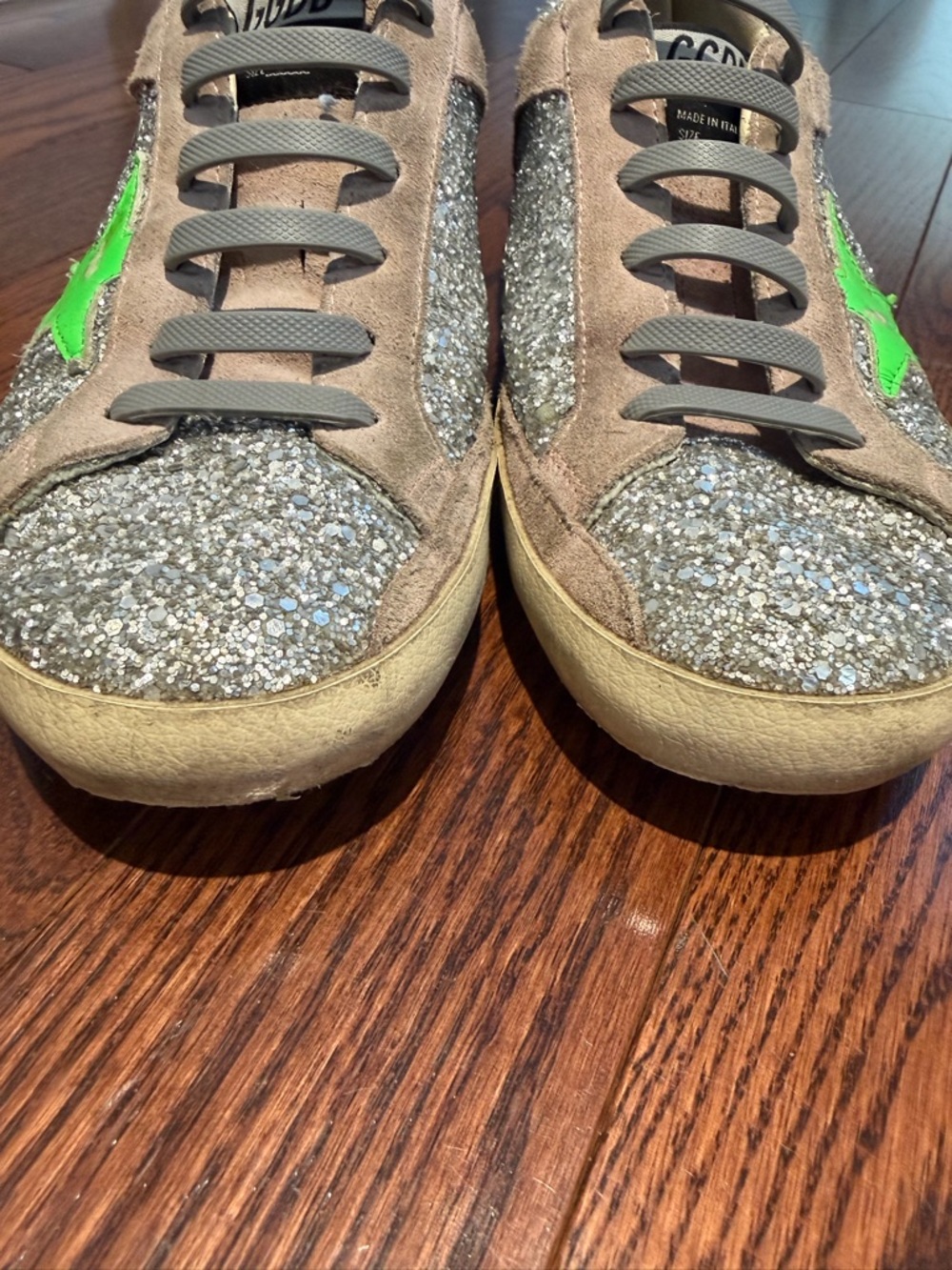 Golden Goose Silver Glitter Sneakers with Neon Green Star - Picture 10 of 11